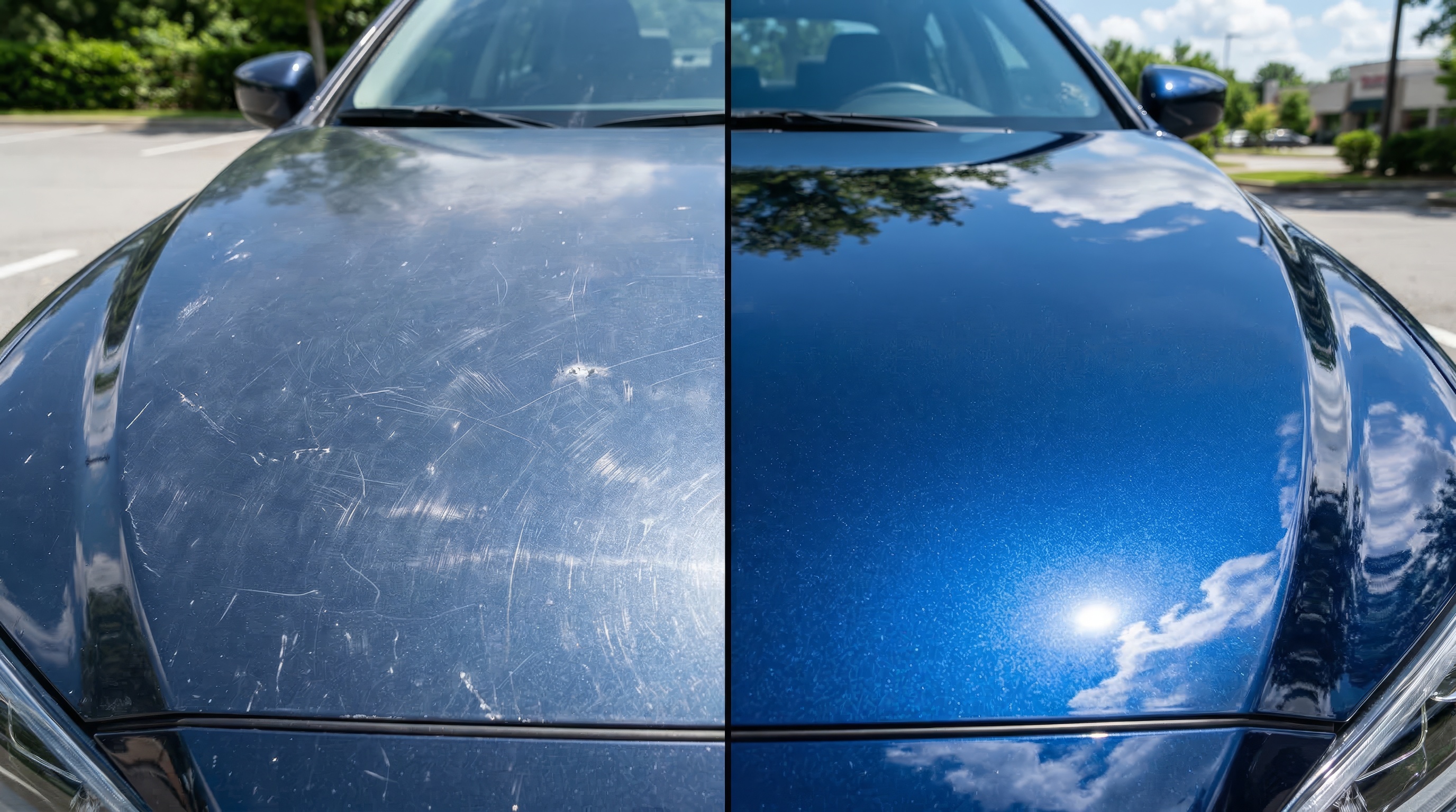 Before and after comparison of car hood cleaning and detailing results